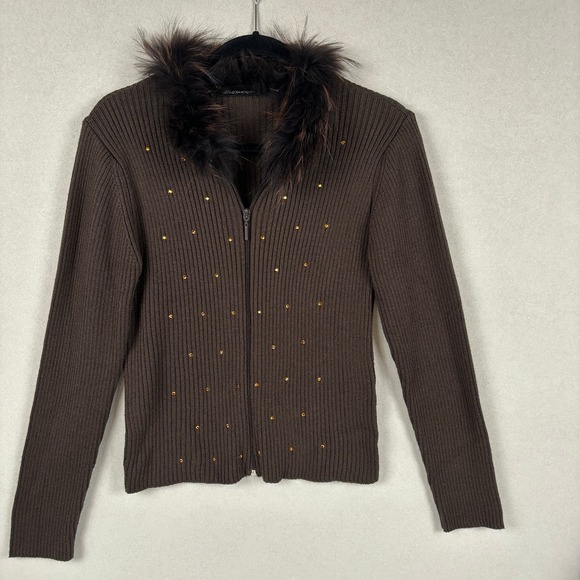 Mesmerize Dark Brown Sweater with Rhinestones and Fur Collar Women's Size L - Picture 1 of 3